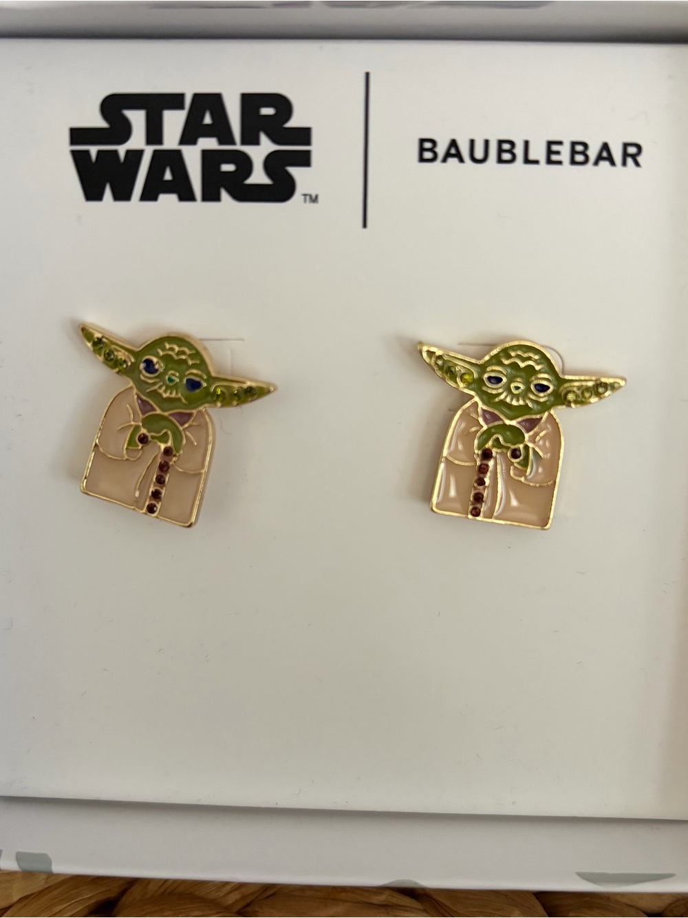 BaubleBar Star Wars Grogu Enamel Stud Earrings in Green and Cream with Gold Trim